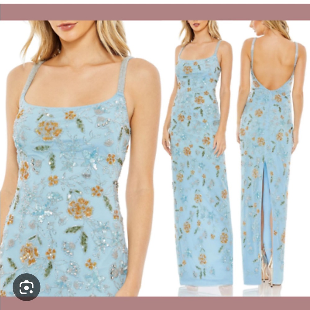 MAC DUGGAL 10808 HAND FLORAL GOWN BEADED SPAGHETTI STRAPS BLUE GOWN  sz 8